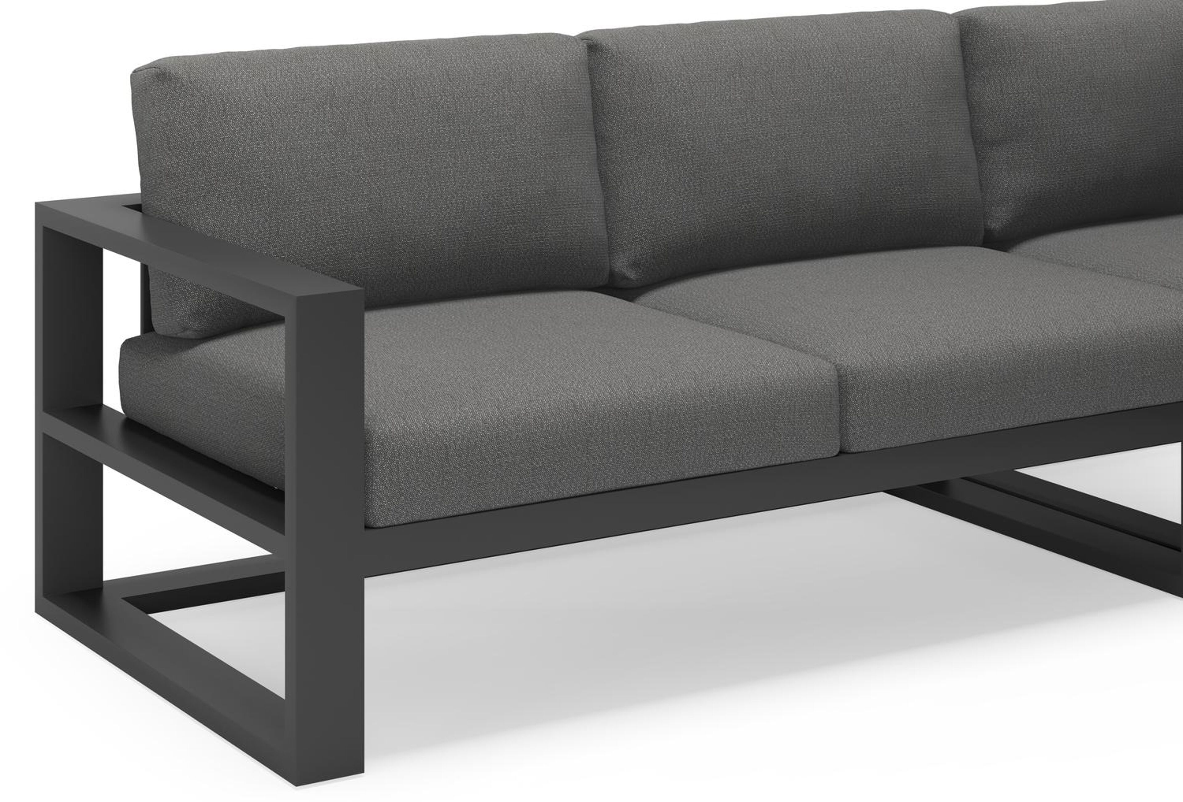 Verato loungehoek in zwart aluminium met deauville black all weather sunbrella® luxe kussens