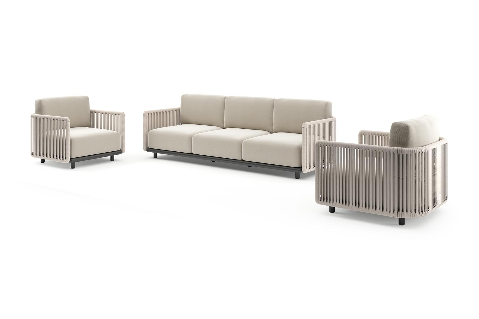 Salon de jardin Organo en aluminium noir et corde luxe plate tissée verticalement beige et coussin en all weather Sunbrella® luxe lopi marble