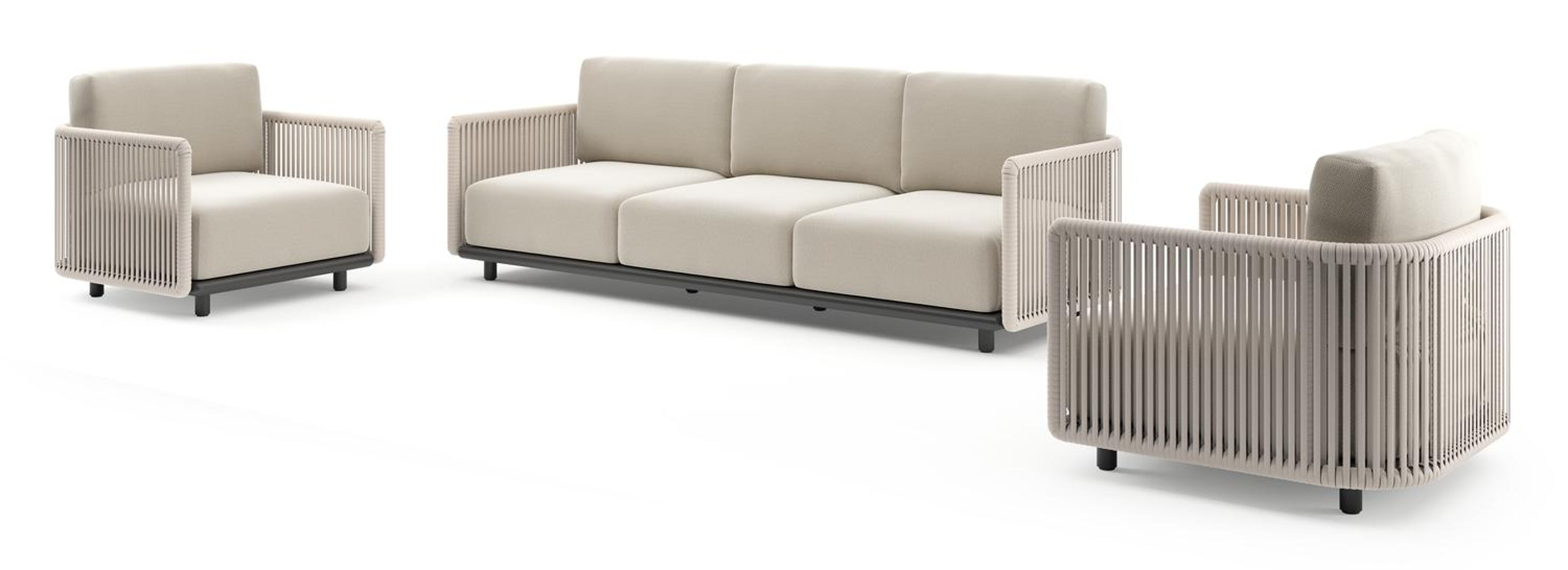 Organo loungeset in zwart aluminium en beige verticaal geweven luxe vlakke rope met lopi marble all weather Sunbrella® luxe kussen