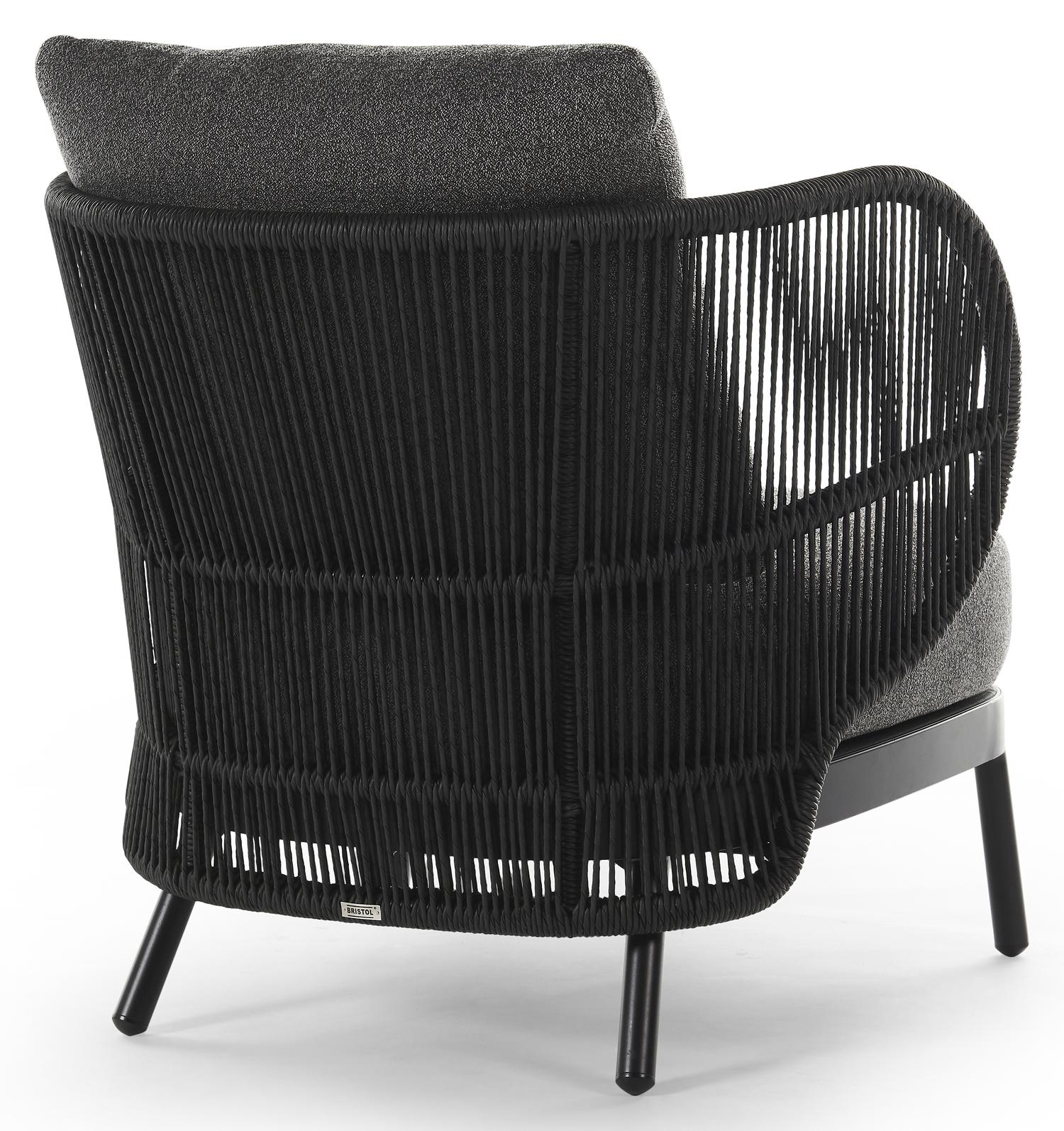 Lugano loungestoel 1-zit in zwart aluminium en zwart gedraaide ronde wicker met catania black all weather cosytica kussen