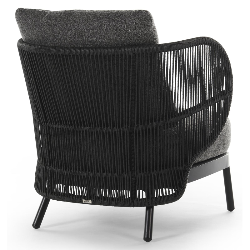 Lugano loungestoel 1-zit in zwart aluminium en zwart gedraaide ronde wicker met catania black all weather cosytica kussen
