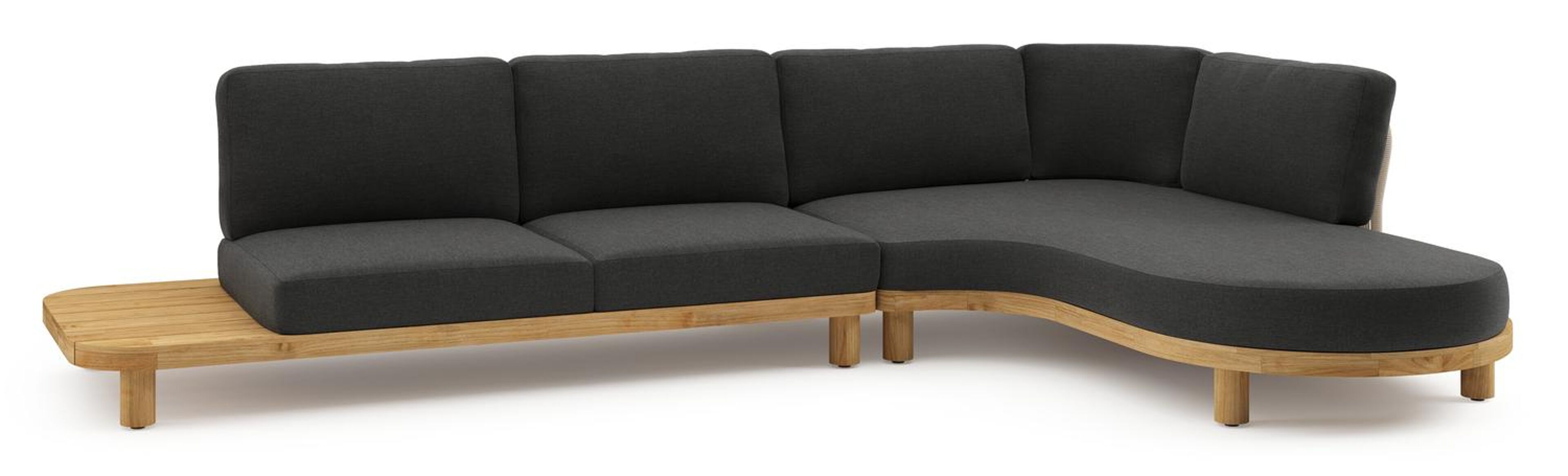 Donato loungehoek in teak en beige verticaal geweven ronde rope met all weather sunbrella® luxe Chartres Sooty kussen