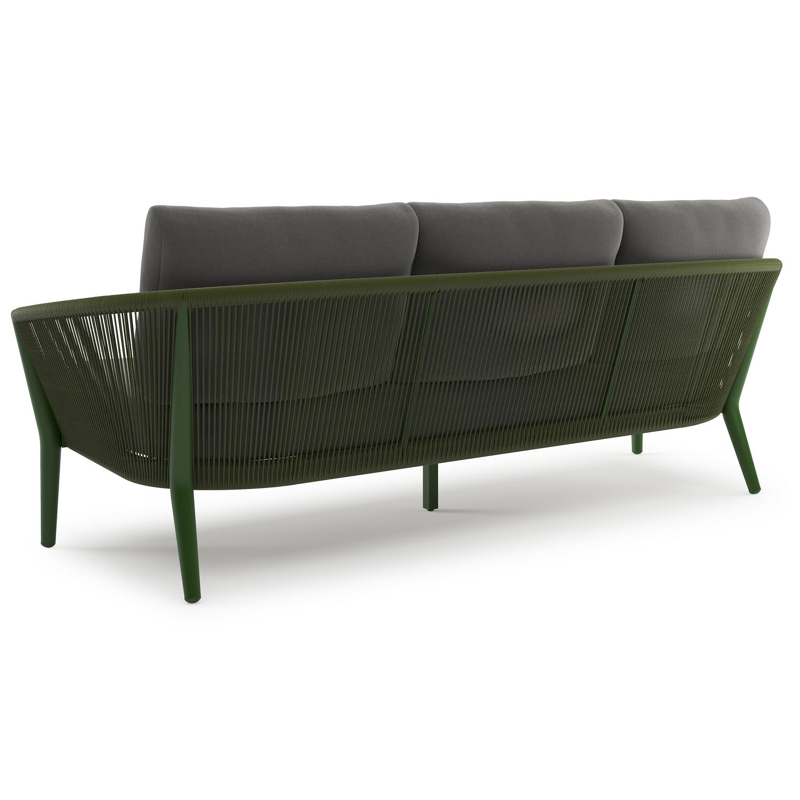 Orso loungebank in groen aluminium en groen verticaal geweven ronde rope met Natte Charcoal Chine all weather sunbrella® luxe kussen