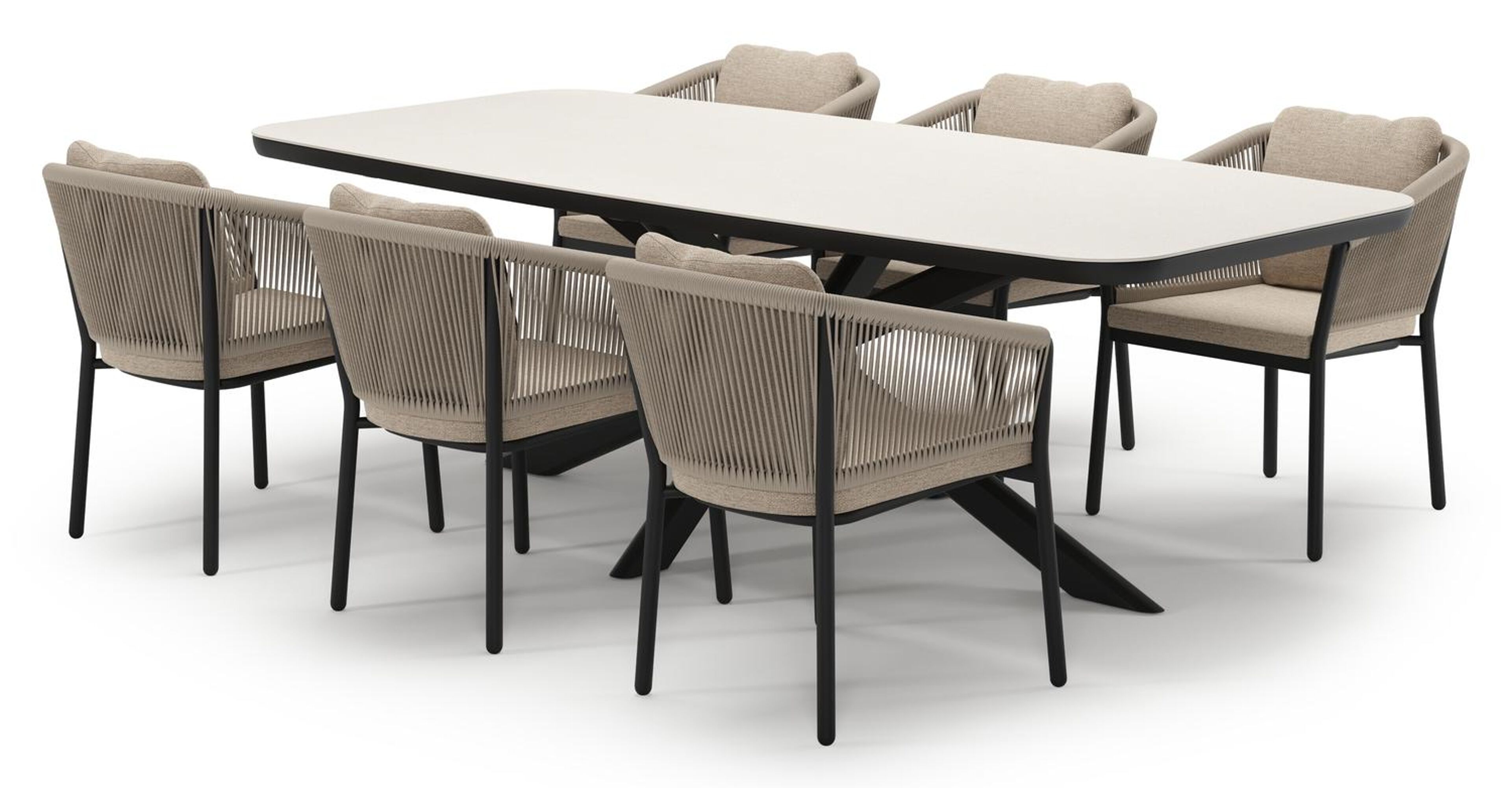 Pamplona tuinset in zwart aluminium en crema minerale sintered stone met 6 Gerona tuinstoelen