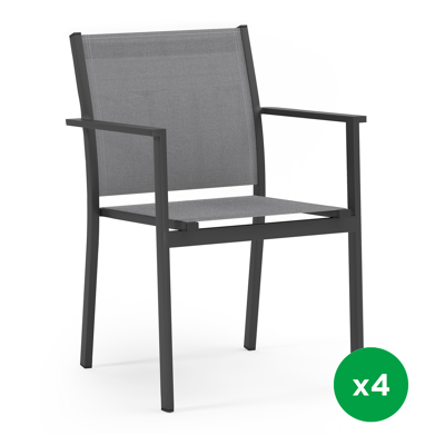 Set van 4 Bareto stapelbare tuinstoelen in zwart aluminium en textilene