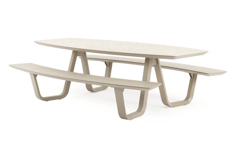 Forno picknicktafel bootvorm in beige aluminium en volkeramiek Retrostone L 240 x B 181 x H 72 cm