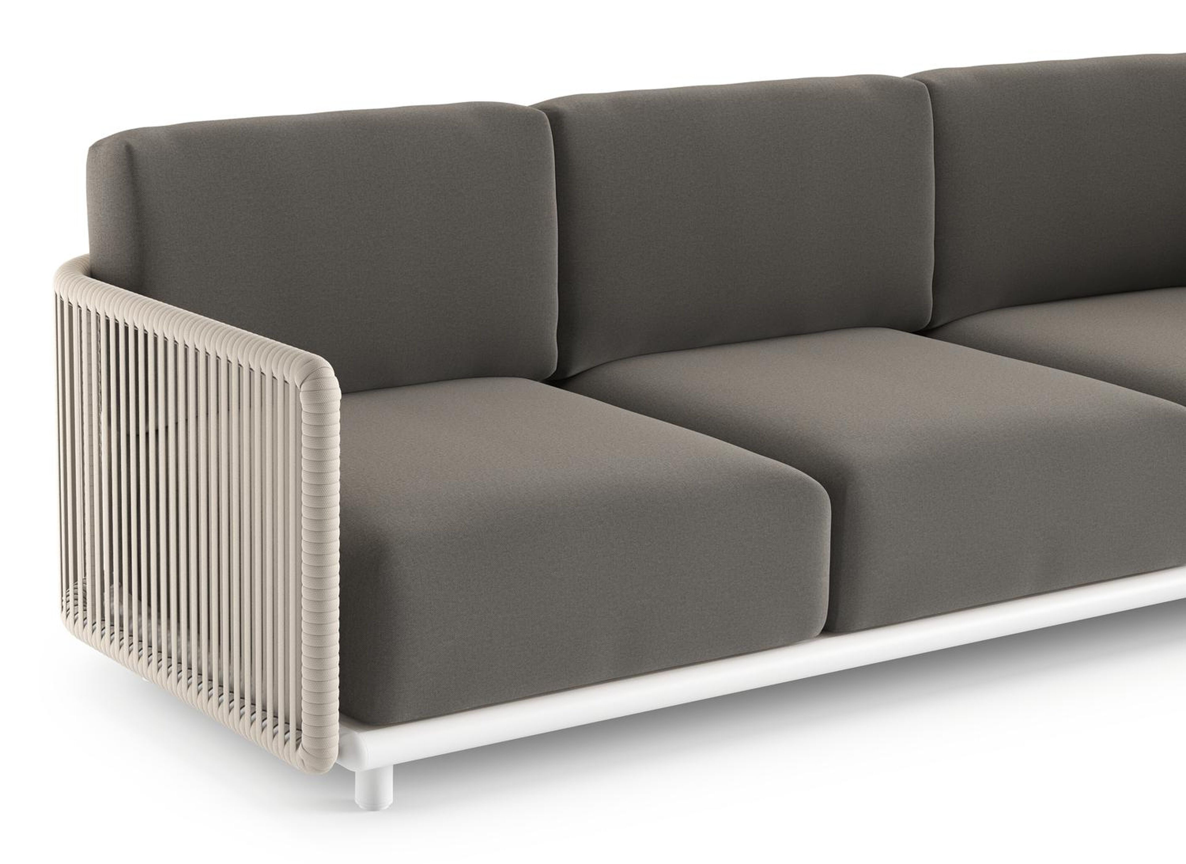 Canapé de jardin Organo en aluminium blanc et corde luxe plate tissée verticalement beige et coussin en all weather Sunbrella® luxe natte dark taupe