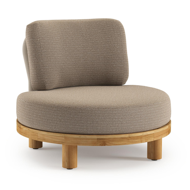 Fauteuil de jardin Donato en teck et corde ronde tissée verticalement beige et coussins en all weather solica Firenze Earth