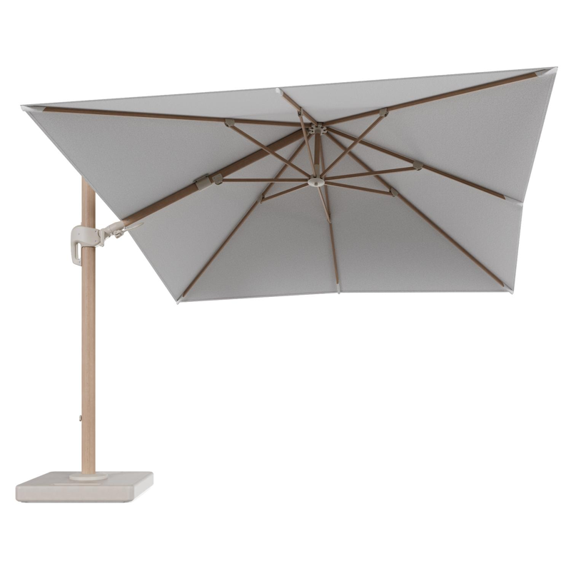 Parasol pendant Rufina avec fonction tilt en aluminium aspect de bois et toile de parasol en All Weather Solica Ego Birch - Lg.1 300 x Lg.2 300 cm avec pied de parasol Lapido 160 kg