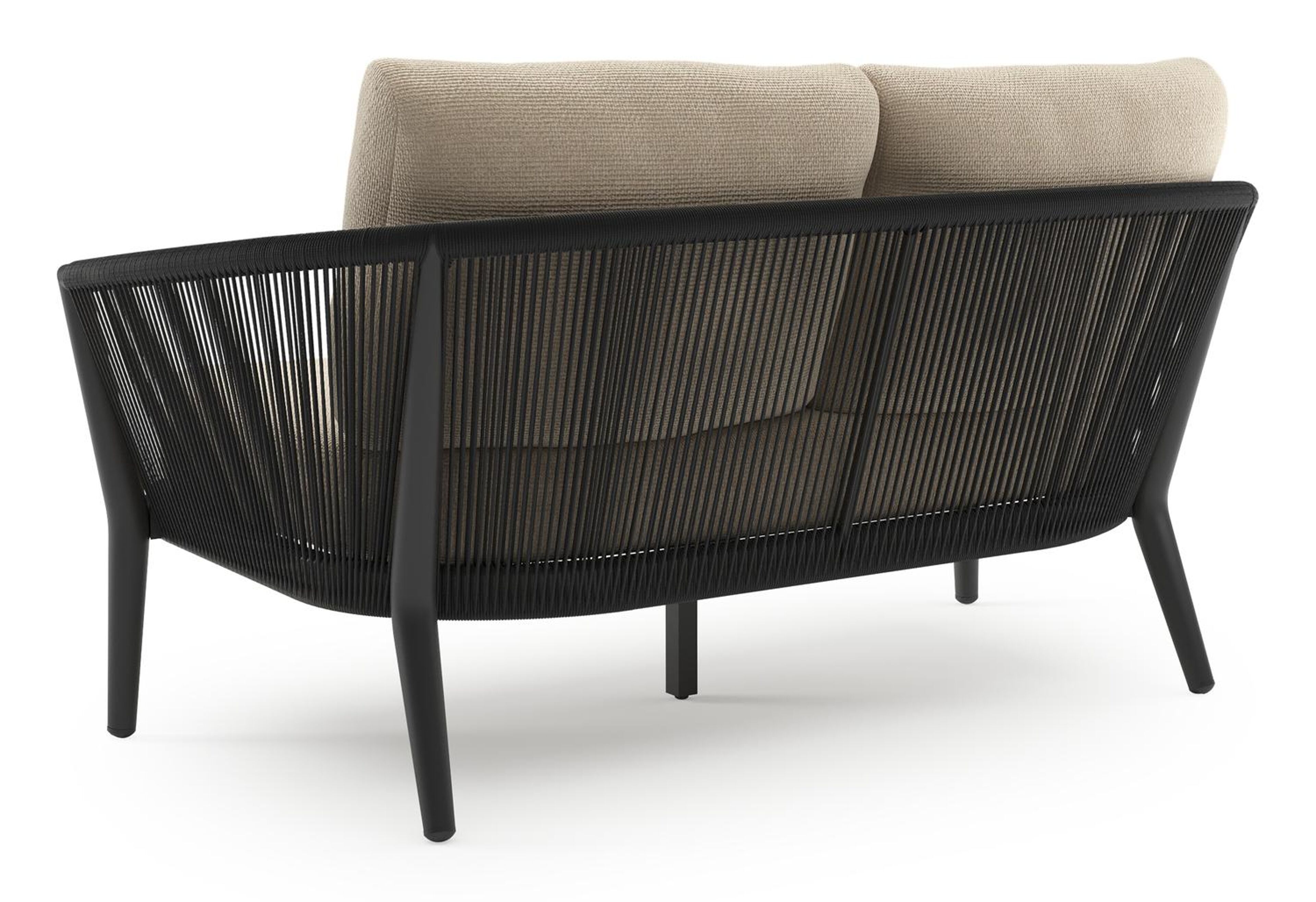 Canapé de jardin Orso en aluminium noir en corde ronde tissée verticalement noir et coussins en all weather cosytica Althea Chalk
