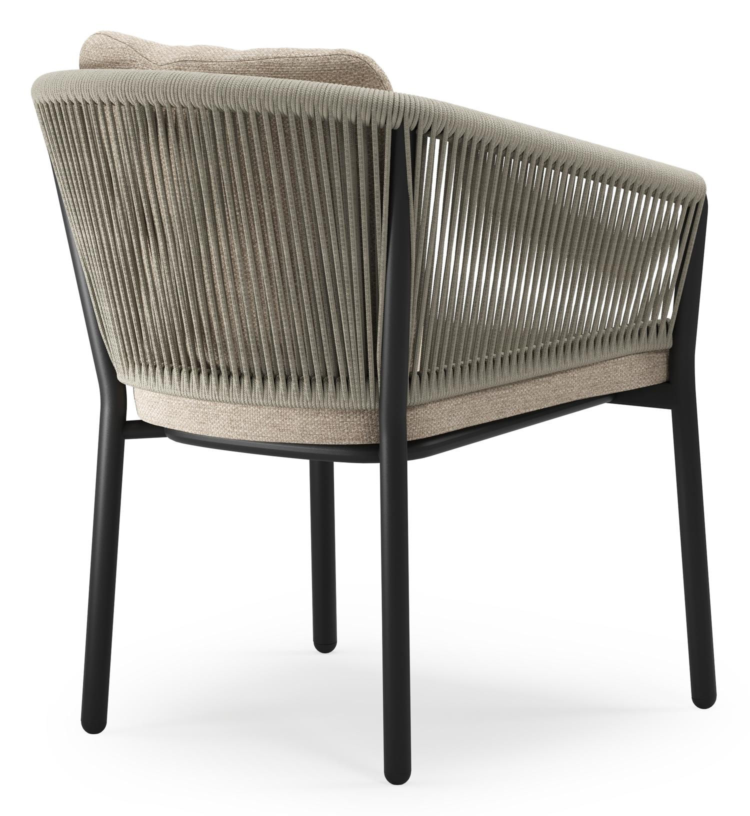 Chaise de jardin Gerona en aluminium noir et corde ronde tissée verticalement beige avec coussin en Weather+ Softtouch Rustic