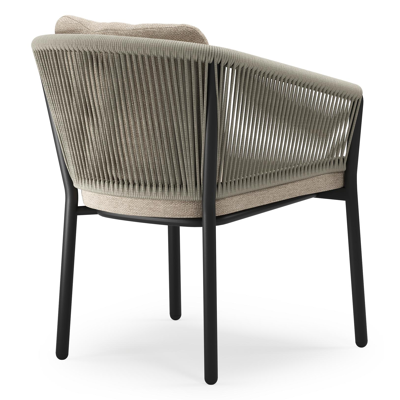 Gerona tuinstoel in zwart aluminium en beige verticaal geweven ronde rope met kussen in Rustic Weather+ Softtouch
