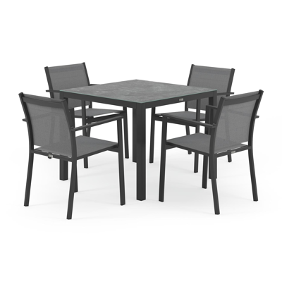 Ensemble de jardin Feltro en aluminium noir avec plateau de table en céramique verre gris et 4 chaises de jardin empilables Bareto