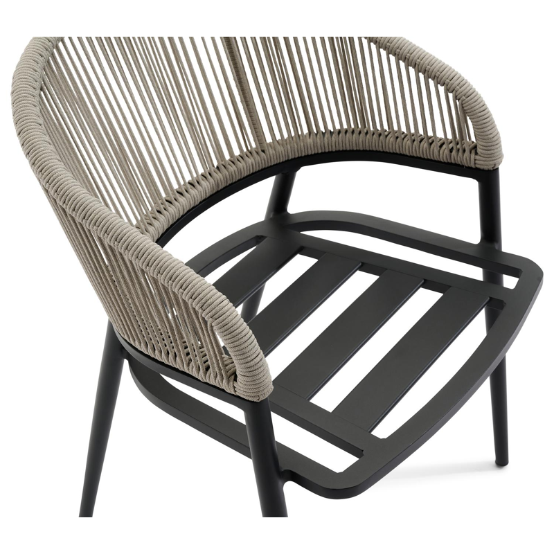 Lacrima tuinstoel in zwart aluminium en beige verticaal geweven ronde rope 