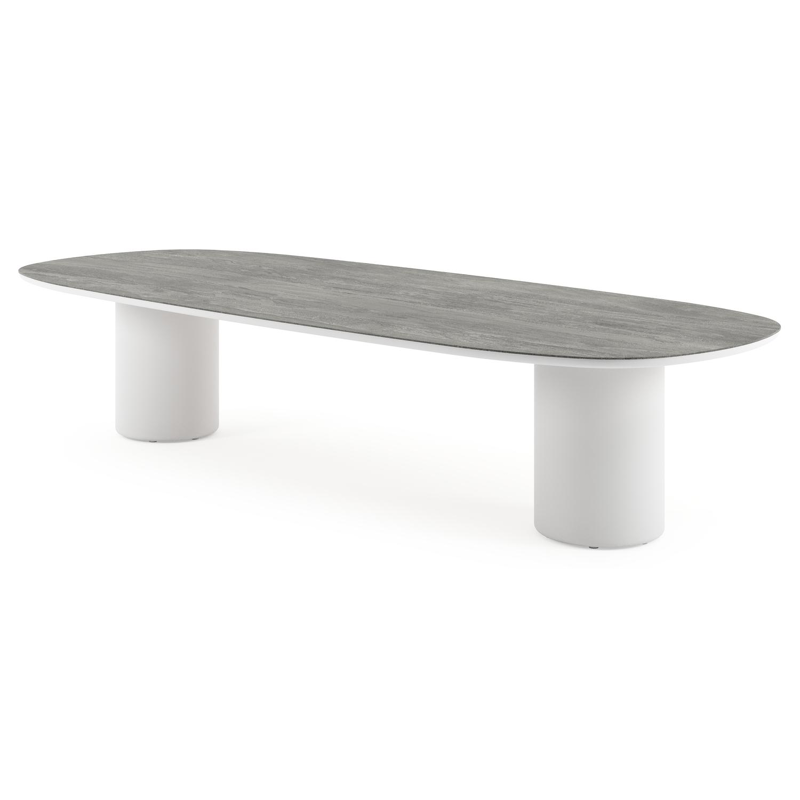 Amico low dining tuintafel bombo in wit aluminium en volkeramiek Aspen Grey - L 320 x B 130 x H 61 cm