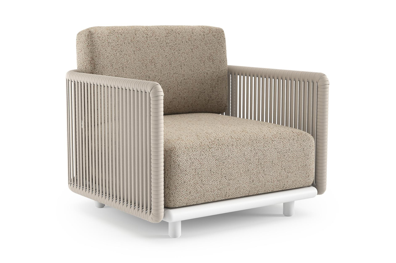 Organo loungestoel in wit aluminium en beige verticaal geweven luxe vlakke rope met bora jungle all weather Cosytica kussen