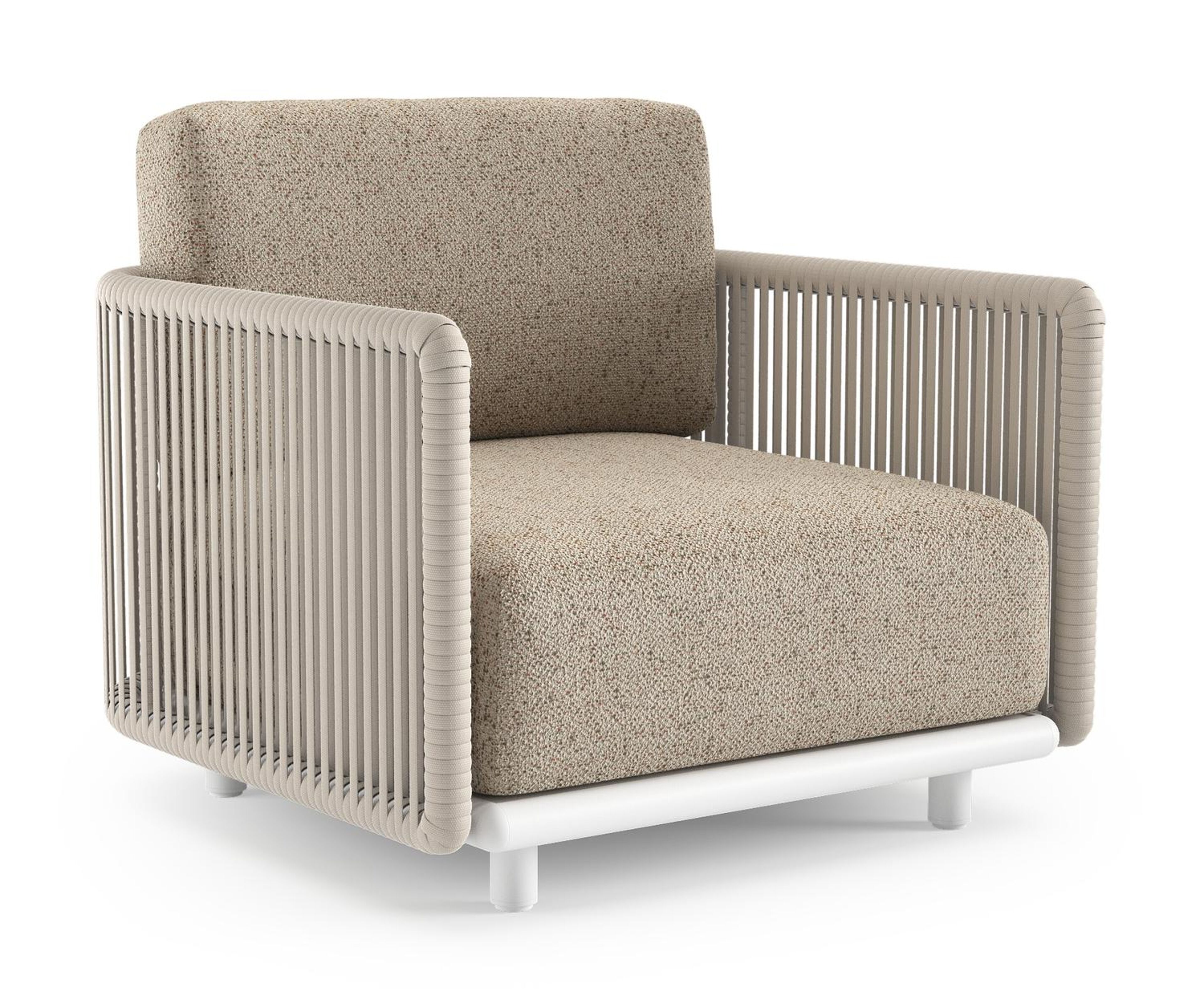 Organo loungestoel in wit aluminium en beige verticaal geweven luxe vlakke rope met bora jungle all weather Cosytica kussen