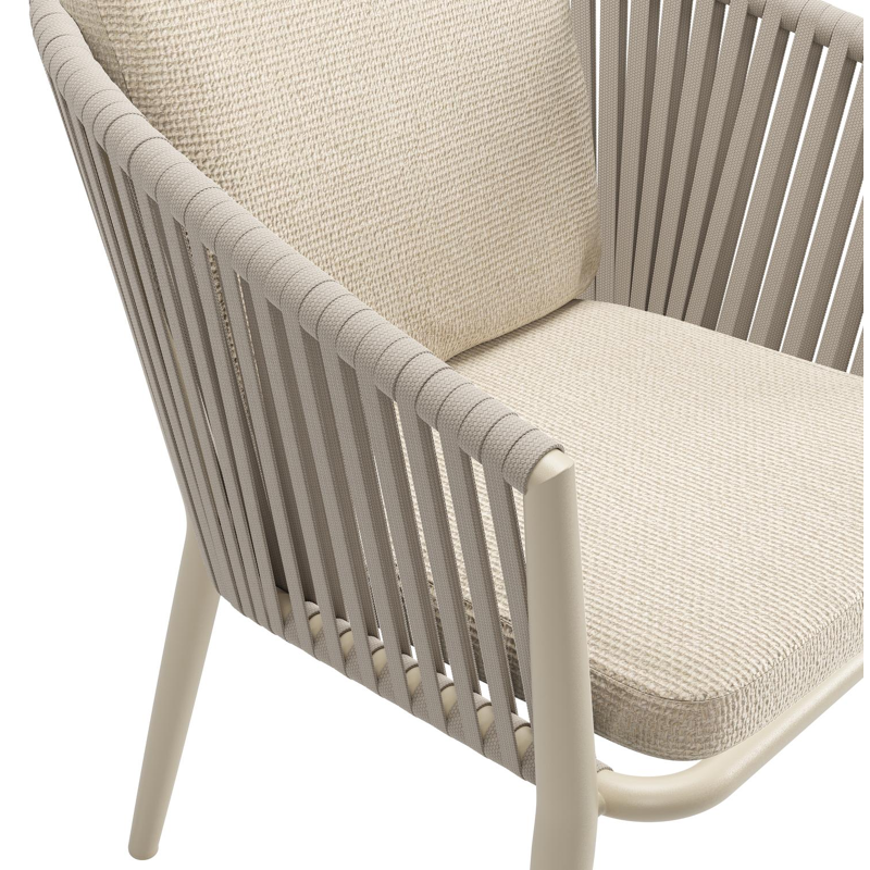 Chaise de jardin Orso en aluminium beige et corde plate tissée verticalement beige avec coussin luxe en All Weather Cosytica Althea Chalk