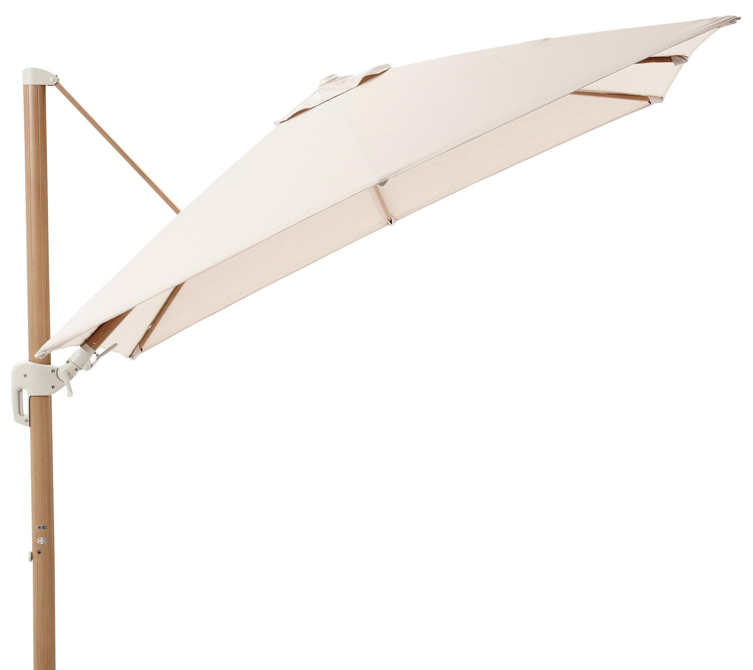 Rufina zweefparasol met tiltfunctie in houtlook met beige all weather sunbrella® premium parasoldoek - L1 300 x L2 300 cm (zonder voet)