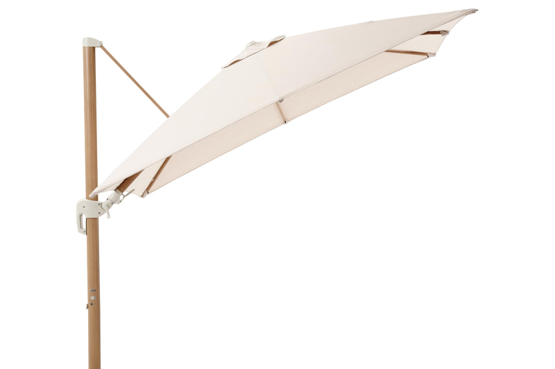 Rufina zweefparasol met tiltfunctie in houtlook met beige all weather sunbrella® premium parasoldoek - L1 300 x L2 300 cm (zonder voet)