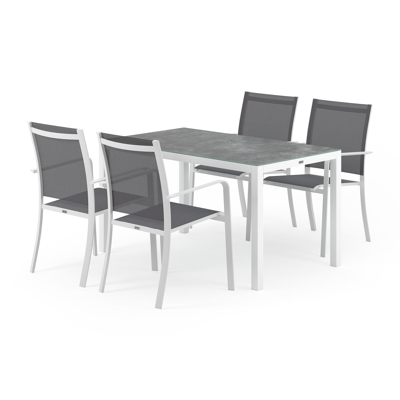 Ensemble de jardin Feltro en aluminium blanc avec plateau de table en céramique verre gris et 4 chaises de jardin empilables Calobra