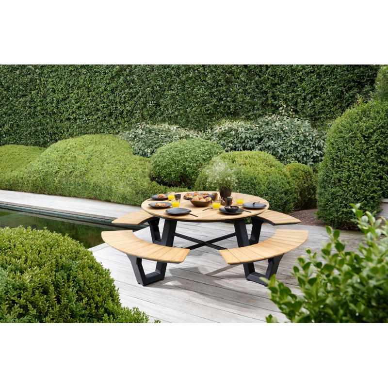 Rondino picknicktafel in zwart aluminium en teak tafelblad - Dia. 148 cm
