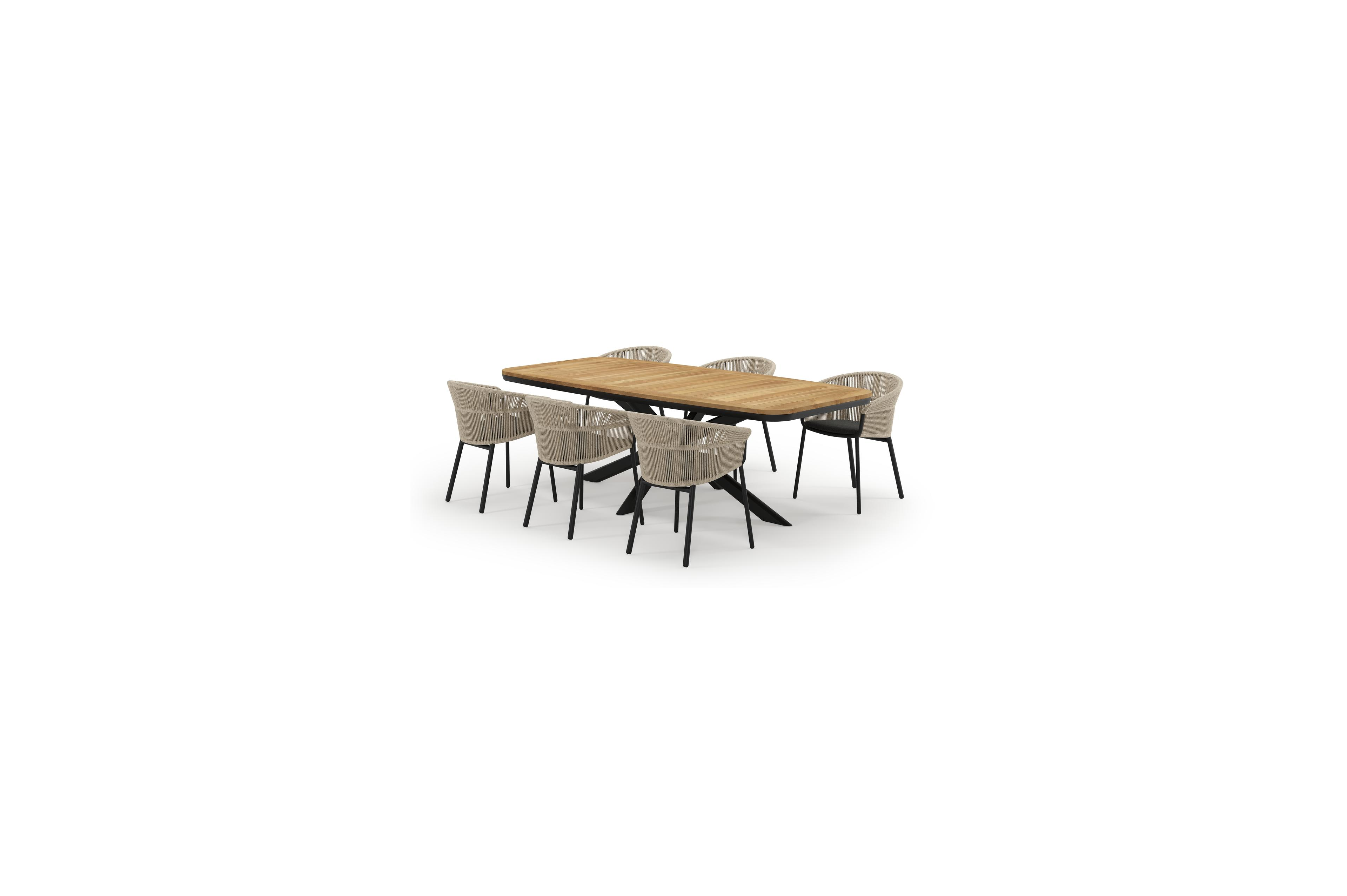 Pamplona bootvormige tuinset in zwart aluminium en teak natural finish met 6 Matera tuinstoelen