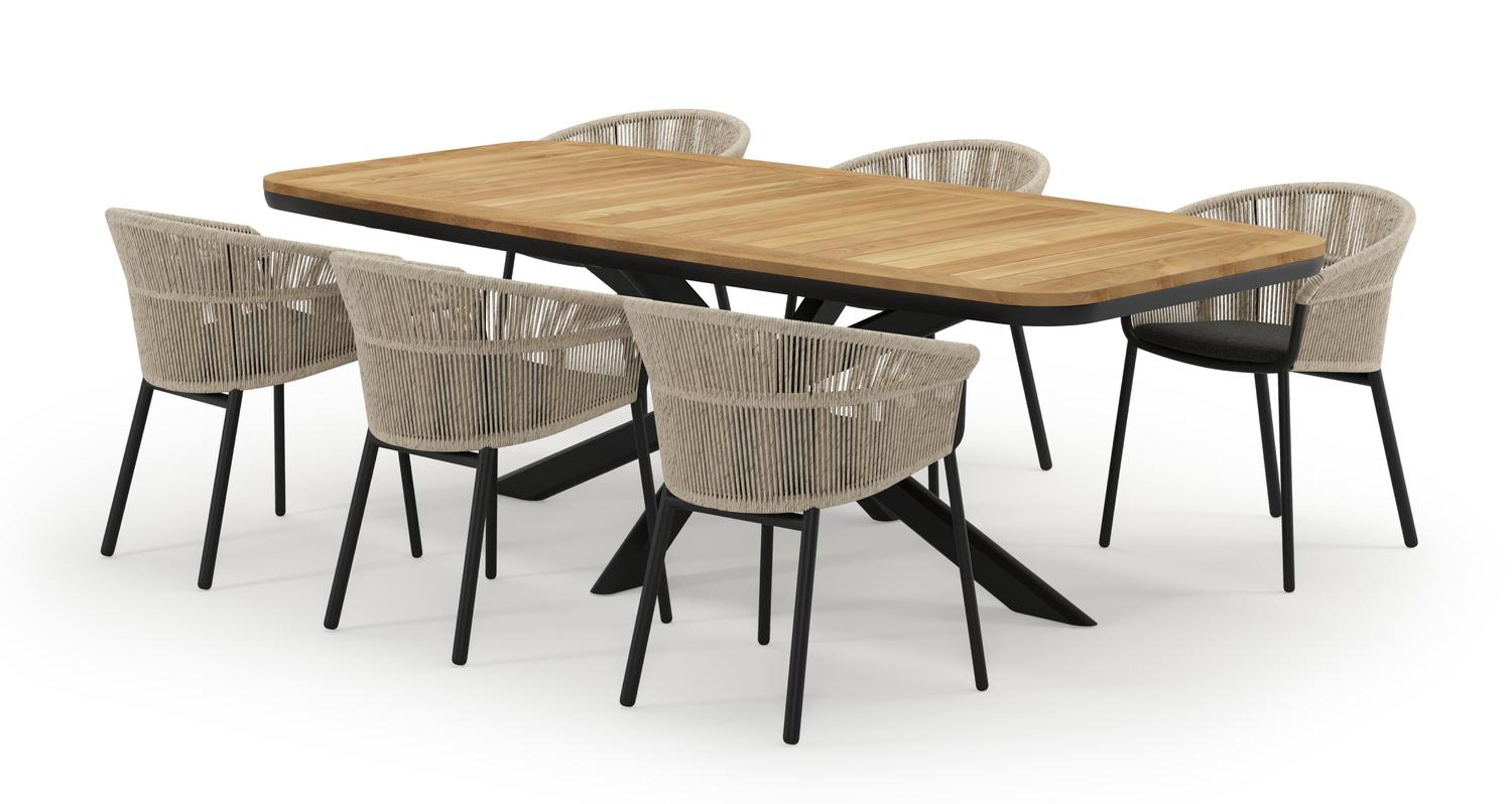Pamplona bootvormige tuinset in zwart aluminium en teak natural finish met 6 Matera tuinstoelen