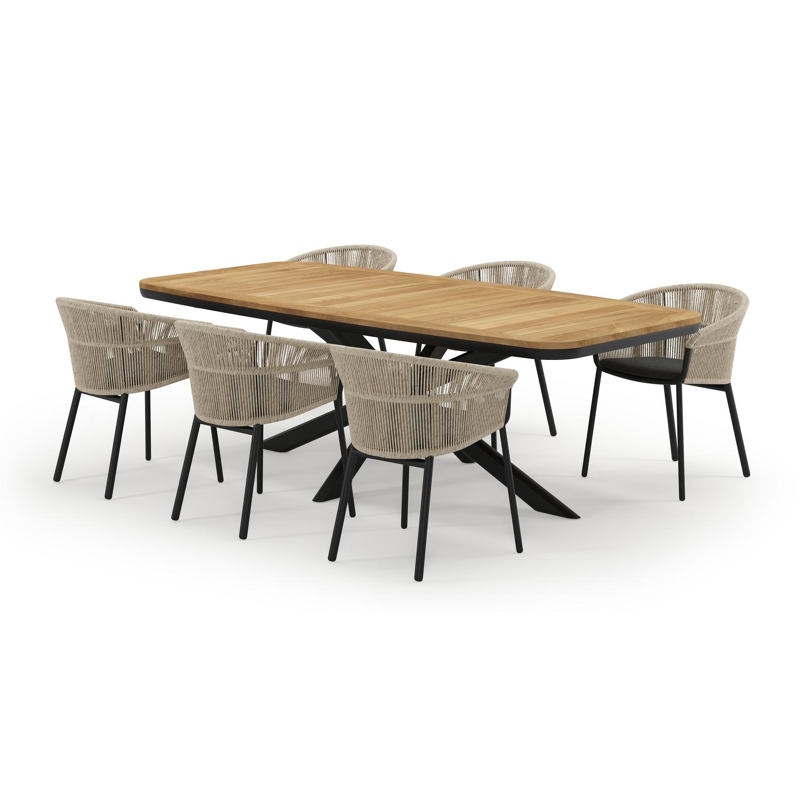 Pamplona bootvormige tuinset in zwart aluminium en teak natural finish met 6 Matera tuinstoelen