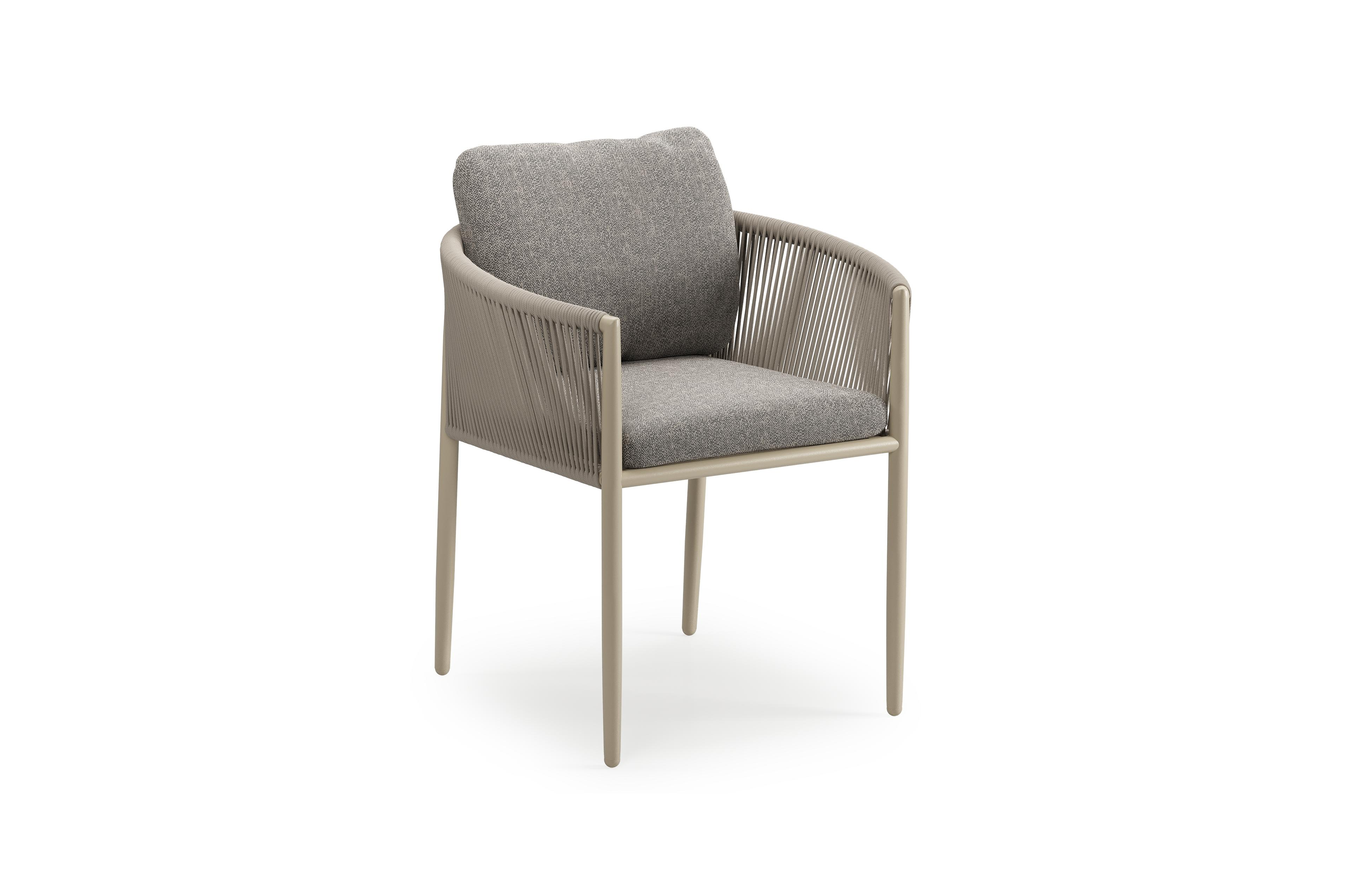 Organo tuinstoel in zwart aluminium en beige verticaal geweven ronde rope met stoelkussen in All Weather Sunbrella® Luxe Chartres Drizzle