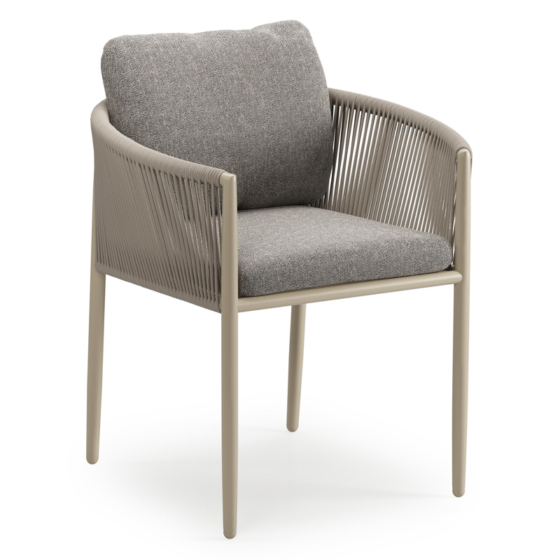 Chaise de jardin Organo en aluminium noir et corde ronde tissée verticalement beige avec coussin en All Weather Sunbrella® Luxe Chartres Drizzle