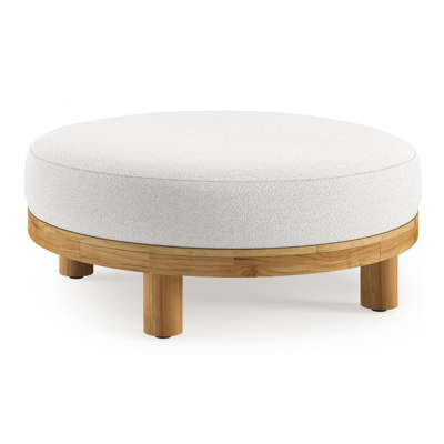 Donato lounge poef in teak en beige verticaal geweven ronde rope met all weather solica Soul Optik kussen