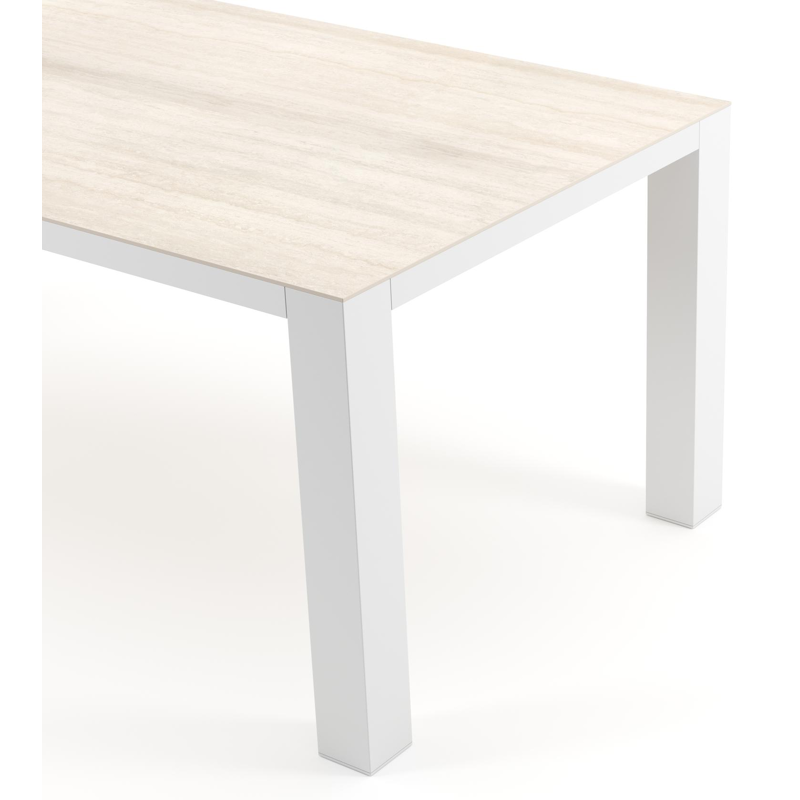 Table de jardin Nano rectangulaire en aluminium blanc et céramique pleine Travertino Bianco - Lg. 200 x Lrg. 100 x Haut. 76 cm