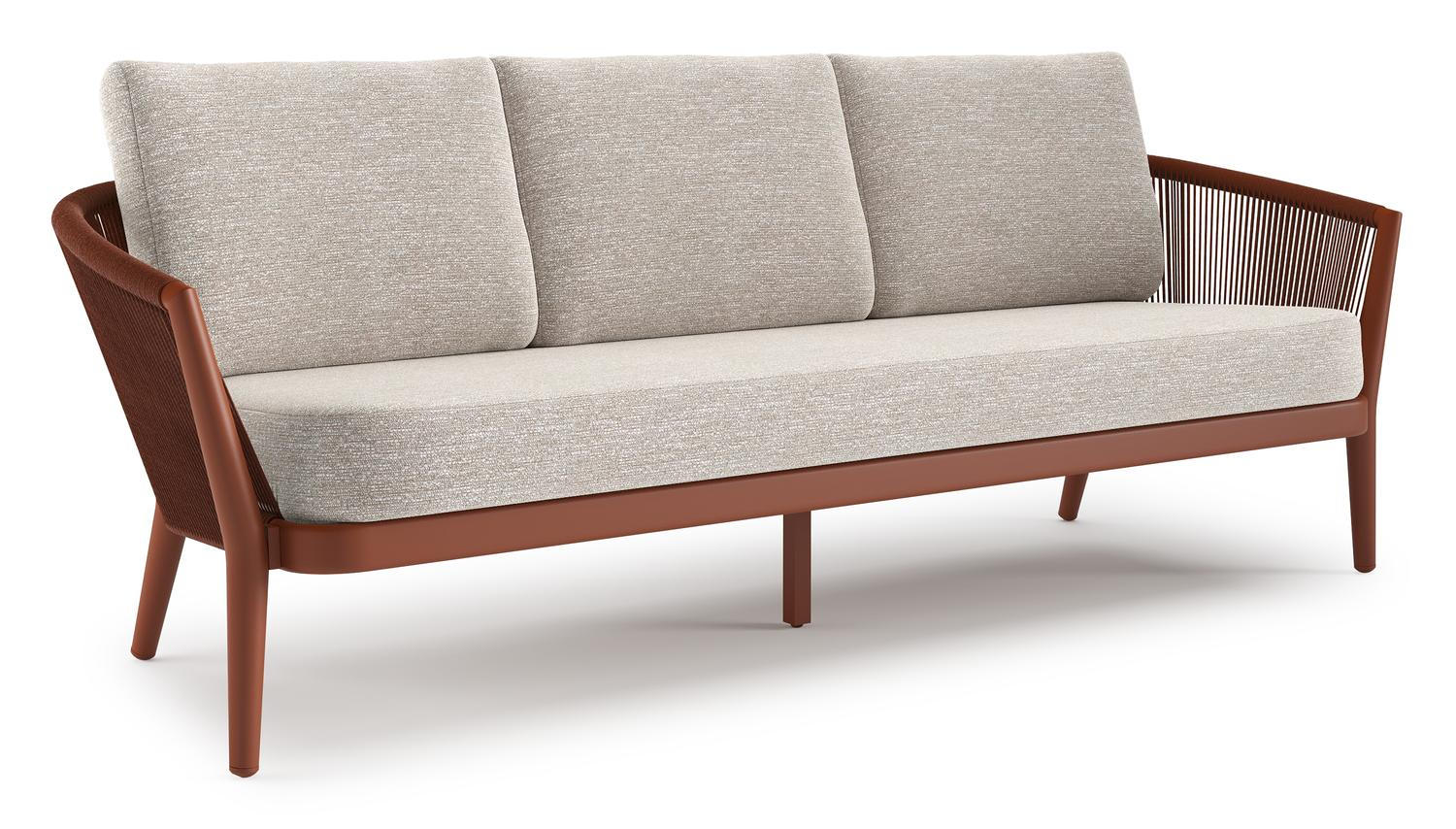 Canapé de jardin Orso en aluminium brun rouille en corde ronde tissée verticalement brun rouille et coussins en all weather sunbrella® luxe Tundra Sand