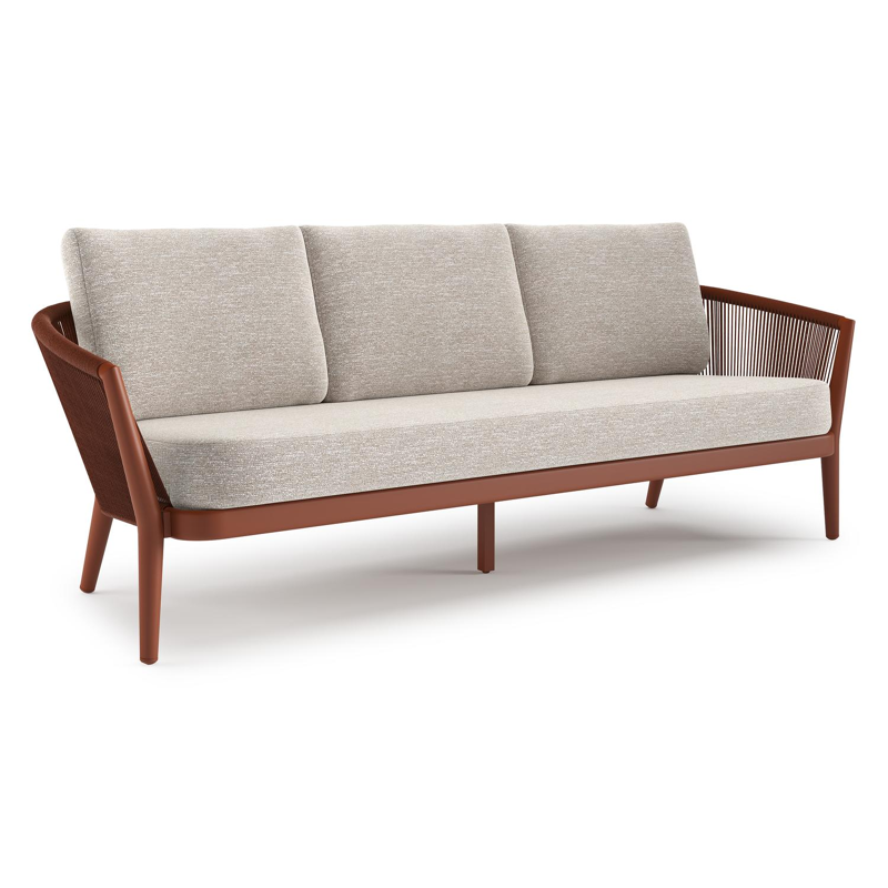 Canapé de jardin Orso en aluminium brun rouille en corde ronde tissée verticalement brun rouille et coussins en all weather sunbrella® luxe Tundra Sand