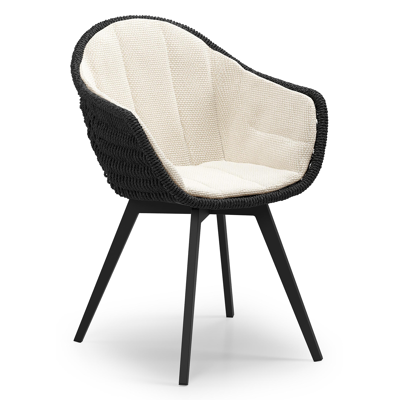 Pagino tuinstoel in zwart aluminium en zwart ronde wicker met zitkussen in All Weather Cosytica Althea Off White