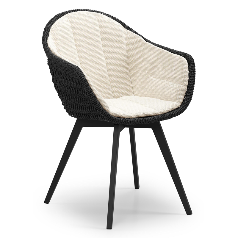 Pagino tuinstoel in zwart aluminium en zwart ronde wicker met zitkussen in All Weather Cosytica Althea Off White