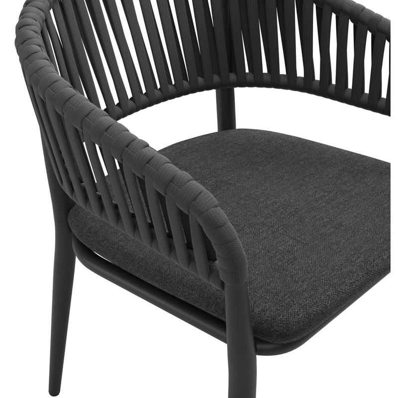 Tolfa stapelbare tuinstoel in zwart aluminium en zwart verticaal geweven luxe vlakke brede rope met stoelkussen in All Weather Sunbrella® Luxe Chartres Sooty