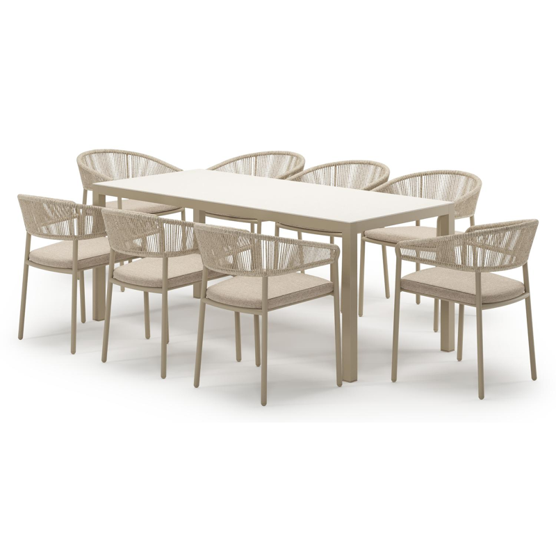 Ensemble de jardin Feltro en aluminium beige et sintered stone crema minerale avec 8 chaises de jardin empilable Zamora