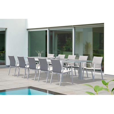 Calobra tuinset met verlengbare tafel in wit aluminium en grijs glas tafelblad met 10 stapelbare Madura tuinstoelen