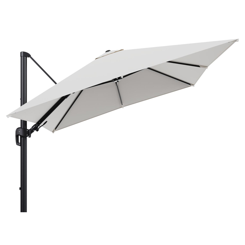 Rufina zweefparasol tiltfunctie in zwart aluminium en parasoldoek in All Weather Sunbrella® Luxe Savane White - L1 300 x L2 300 cm (zonder voet)
