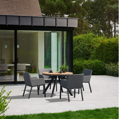 Viaro tuinset in zwart aluminium en colour finish teak tafelblad met 4 Rivo tuinstoelen