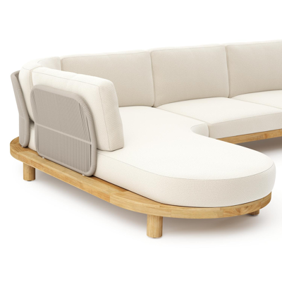 Donato loungehoek in teak en beige verticaal geweven ronde rope met all weather cosytica Althea Off White kussen