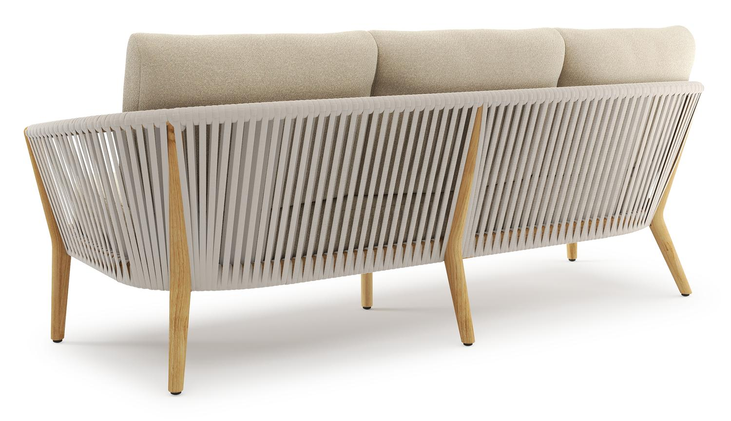 Orso loungebank in teak en beige verticaal geweven luxe vlakke rope met Soul Papyrus all weather solica kussen