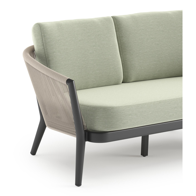 Orso loungebank in zwart aluminium en beige verticaal geweven ronde rope met Slow Spirea all weather sunbrella® luxe kussen