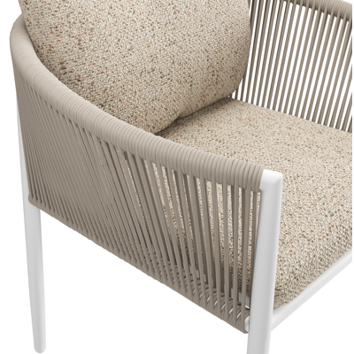 Organo tuinstoel in beige aluminium en beige verticaal geweven luxe vlakke rope met stoelkussen in All Weather Cosytica Bora Jungle