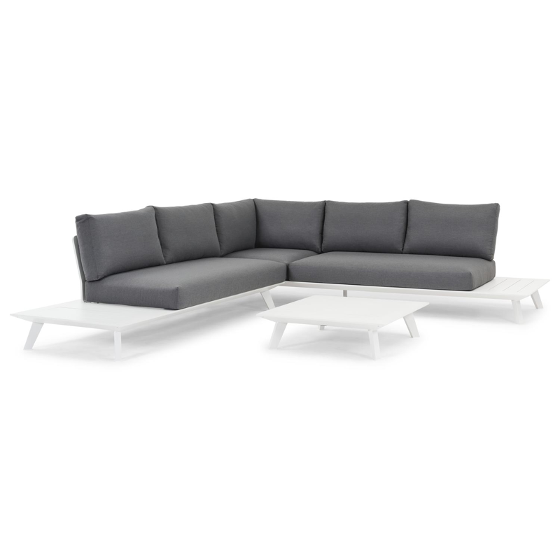 Puglia loungehoek in wit aluminium met grijs weather+ softtouch kussens en loungetafel