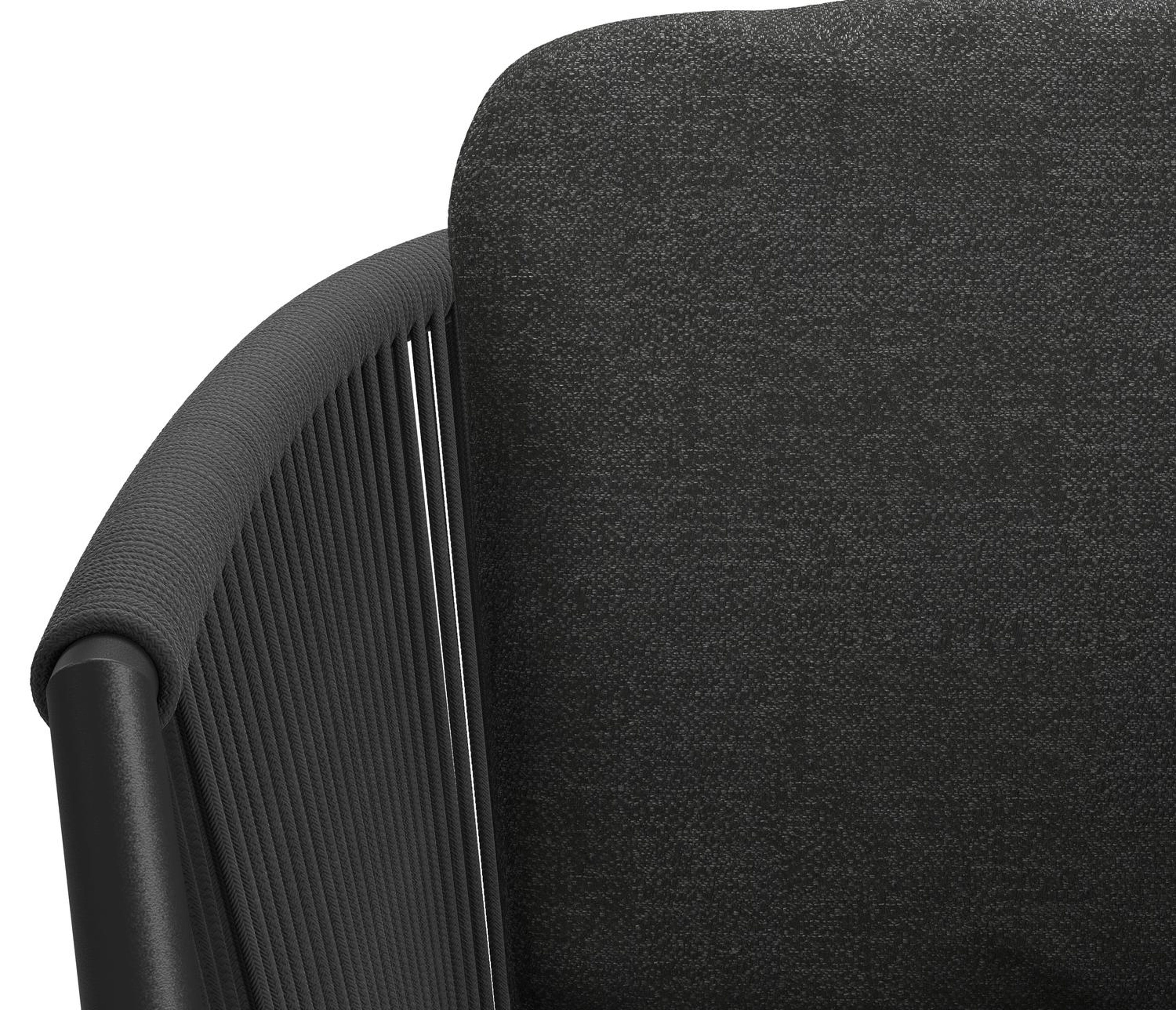 Orso tuinstoel in zwart aluminium en zwart verticaal geweven ronde rope met luxe zitkussen in All Weather Sunbrella® Luxe Chartres Sooty