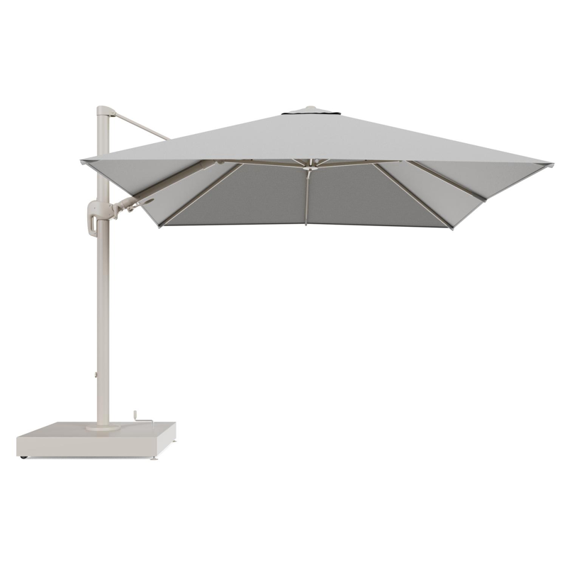 Rufina zweefparasol met tiltfunctie in beige aluminium en Savane Nimbus All Weather Sunbrella® Luxe parasoldoek - L1 300 x L2 300 cm met parasolvoet Minore 260 kg met wielen