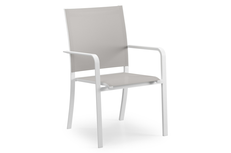 Pamplona ronde tuinset in wit aluminium en sintered stone topo minerale met 4 Calobra tuinstoelen